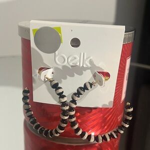 Black and Cream Beaded Hoop Earrings